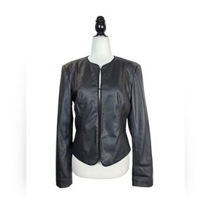 Zara Black Collarless Faux Leather hook and I fitted silouette Jacket